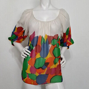 Hera Silk Multicolor Bohemian 3/4 Sleeve Hippy Boho Gypsy Groovy 70'S Top Size S